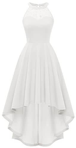 Bbonlinedress Vestido de Fiesta Cocktail Vintage sin Mangas A-línea Midi Alto Bajo Elegante Escote Halter para Mujer Ivory 3XL