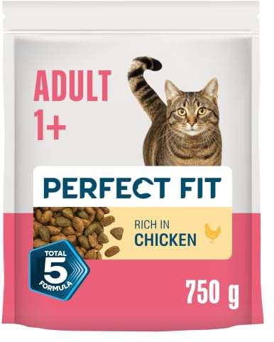 Perfect Fit Adult 1+ Complete Dry Cat Food for Adult Cats Aged 1+ Years, Rich in Chicken, 4 Bags (750 g)