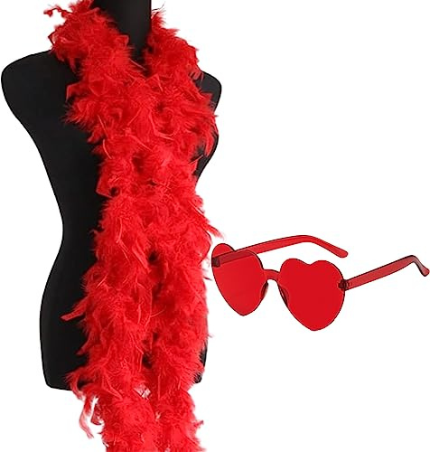 2 Pezzi Boa Di Piume, Occhiali Da Sole a Forma Di Cuore, Sciarpa Colorata, Accessori Per Feste, Boa Rosso Per Festa Ballo Di Nozze Fai Da Te, Halloween