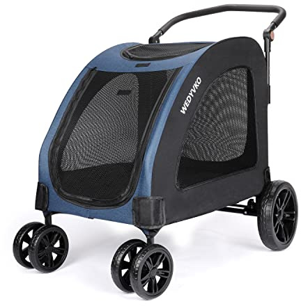 Virzen Dog Stroller Pet, Foldable 4 Wheels Cart, Mesh Skylight Pet Stroller Travel for Small Medium Large Pets up to 120lbs (Blue&Black)