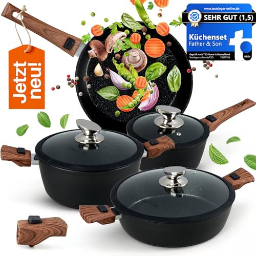 Topfset Pfannenset Induktion [ Antihaftbeschichtung ] - Hochqualitativ & beständig + abnehmbare Griffe - Beschichtete Töpfe und Pfannen Set