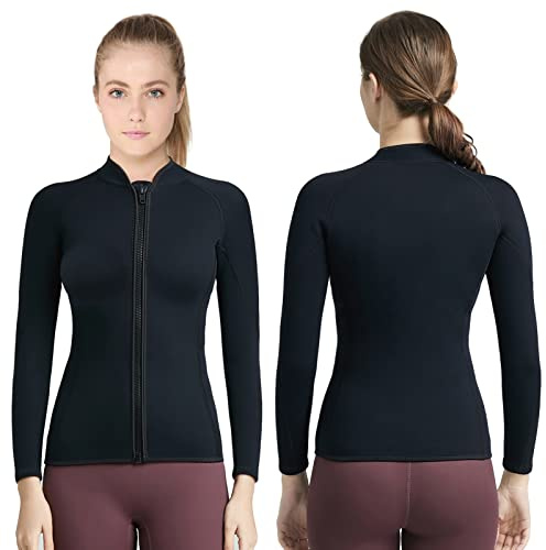 REALON Veste de plongée pour femme, haut en néoprène de 2 mm avec fermeture éclair sur le devant, maillot de bain à manches longues pour jeunes en eau froide chaude pour la plongée avec tuba, la
