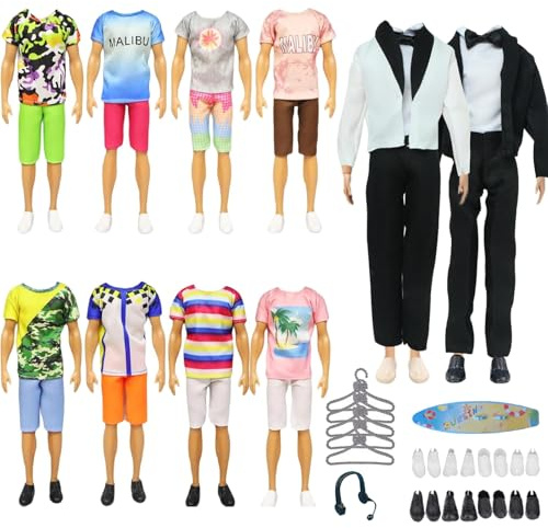 Generic 26 pezzi vestiti per bambole compatibili con Ken: tuta, abbigliamento casual, pantaloni, scarpe, appendiabiti, auricolare, paddle board per bambole da 11,5 e 12 pollici, tema spiaggia