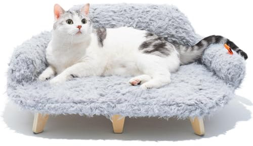 MEWOOFUN Raised Plush Cat Sofa Bed - Large Elevated Cat Bed with Sturdy Wooden Leg, Modern Pet Furniture, Removable Washable Cover, 66x46cm Grey