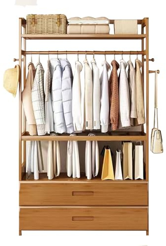 Percha de bambú Abierta, Armario Estable Multifuncional, con cajones y Ganchos de Ropa, Adecuada para dormitorios, vestuarios (Drawer 70cm/28in)