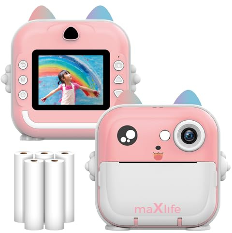 Maxlife Barnkamera direktbildskamera rosa – barnfotoapparat med tryckpapper – Full HD-videoinspelning – kreativ kamera med omedelbar bild utskrift av foton, anteckningar, klistermärken och etiketter –