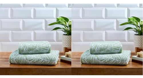 Matteo Collection - Green Leaf Bath Towel (70 x 130cm) - 100% Cotton - Super Soft - Tropical Palm Leaves Towel - Green & White Bath Towel/Bath Sheet - Pack of 2