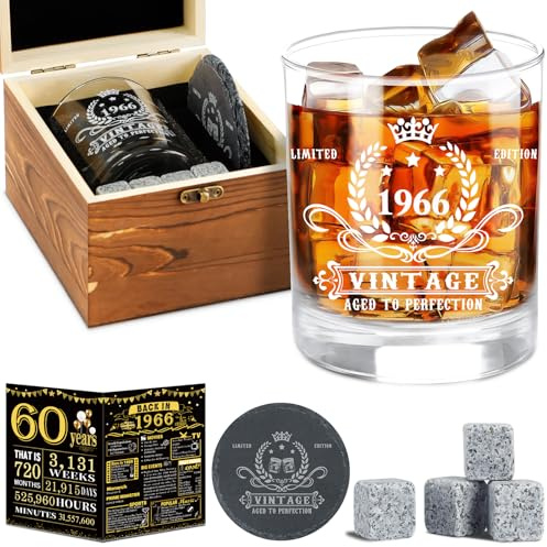 Amosking 60th Birthday Gifts for Men,Vintage 1966 Whiskey Glass Set | Happy 60th Birthday Gifts, 1966 Poster Anniversary Card, Whiskey Coaster, Stones, Bday Gifts Ideas for Him, Dad, Husband