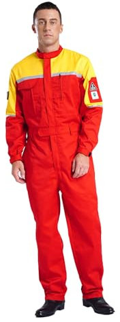 Freebily Herren Arbeitsoverall Langarm Reflektierende Arbeitsanzug Overall Mit Vielen Taschen Mechanisch Werkstatt Handwerker Kleidung Rot&Gelb M