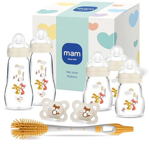 MAM Feel Good Glass Bottle Premium-Set | 0+ Mon | Babyflaschen-Set für Neugeborene | 94% Akzeptanz | stillfreundlich | 5 Glasflaschen & 2 Original Schnuller, 1 Soft Brush & 1 Flaschenkorb | beige