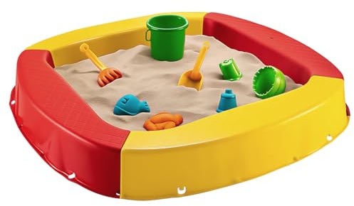 BURI Sabbiera Premium in plastica 150 x 150 x 20 cm, giallo/rosso, Made in Germany – Robusta cassetta per il giardino, giocattolo per bambini da costruire con sabbia o ghiaia, molto stabile e di alta