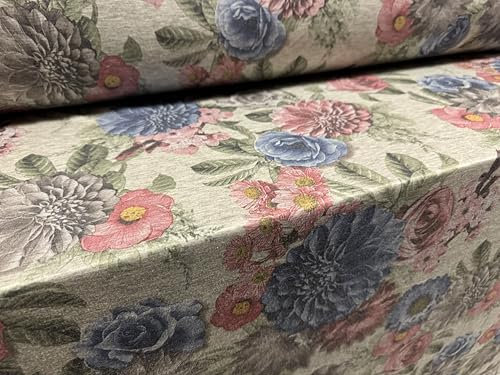 Stretch-Spandex-Melange-Jersey-Stoff, Meterware, Rosen- und Dahlien-Druck, Rosa, Blau und Grau