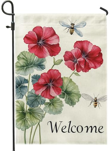 Drapeau de jardin géraniums rouge vif, printemps été floral décoration de la maison, drapeaux de cour, double face en polyester léger, décoration de pelouse extérieure, 30,5 x 45,7 cm