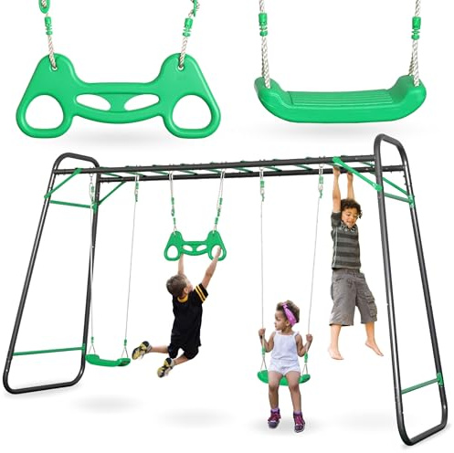 HyperMotion Columpio Infantil XXL con 2 Asientos, Escalera y Trapecio - Estructura de Acero para Jardín, Cuerdas Ajustables, Resistente hasta 150 kg