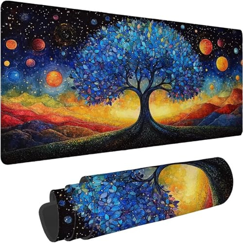 Mouse Mat 1400 x 700 x 3mm Large Mouse Mat Non Slip Rubber Base, Soft Textured Surface with Stitched Edges, Waterproof Desk Mat for PC, Laptop, Laser Mice for Office, Gaming Color Tree Printing xn-98