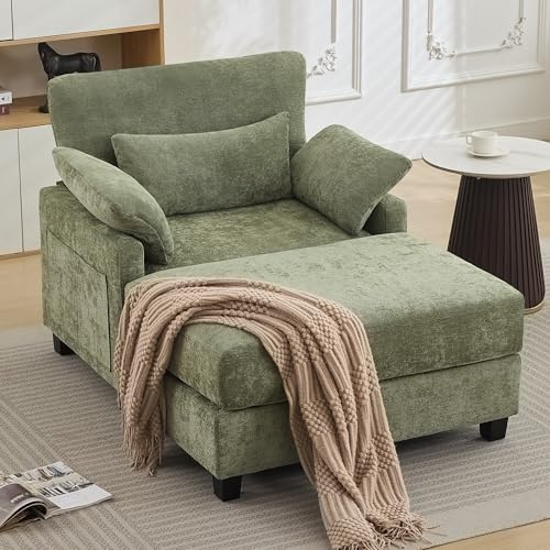 WUTUTUEE 57.5 Oversized Chaise Lounge with Ottoman Indoor, Oversized Reading Chair with Ottoman & Sofa Bed, Green Chenille Upholstered Comfy Sleeper Chair for Living Room, Bedroom, Office