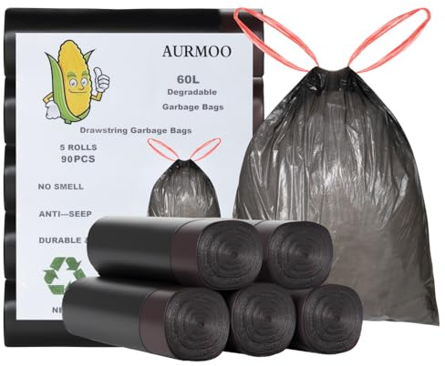 AURMOO Sacs Poubelle avec Cordon de Serrage 90 x 60L, Sac de Déchets,