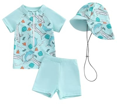 JiAmy Traje de baño para bebé niño con sombrero de sol, 3 piezas, manga corta, cremallera, camiseta de protección solar, bañador, traje de baño para bebés y niños pequeños, azul claro, 2- 3 años
