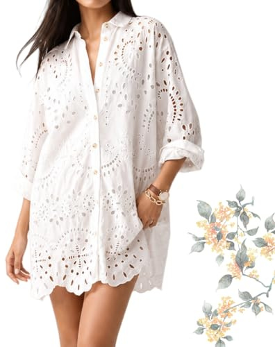 Miniabito da Donna Casual in Pizzo Sangallo, Modello a Camicia con Bottoni, vestibilità Ampia, Maniche Lunghe e Ricami – Copricostume e Chemisier