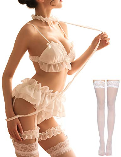 Set de lencería sexy para mujer de cosplay con volantes, estilo baby doll, teddy, sujetador y braguita, con collar, blanco, talla única
