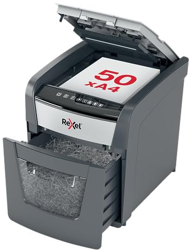 Rexel Optimum Auto Feed+ 50 Sheet Automatic Cross Cut Paper Shredder, P-4 Security, Home/Home Office, 20 Litre Removable Bin, 2020050X, Black