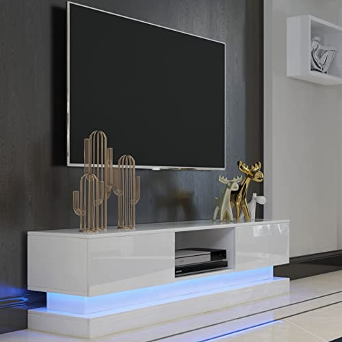 NAIMP TV Stand Cabinet Unit White 130cm With 16 Color RGB LED Lights for 32 43 50 55 inch 4k TV, Modern High Gloss Door & Matt Body TV Cabinet TV Unit with 2 Drawers Storage for Bedroom Living Room