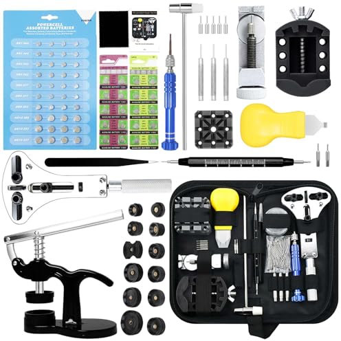 Professionelles Uhren Reparatur Set, GLDCAPA Uhren Reparatur Werkzeuge mit Tragetasche, Werkzeug zum Entfernen von Uhrengliedern, Uhrengehäuseöffner, Uhrenpresse Set mit 60 Uhrenbatterien