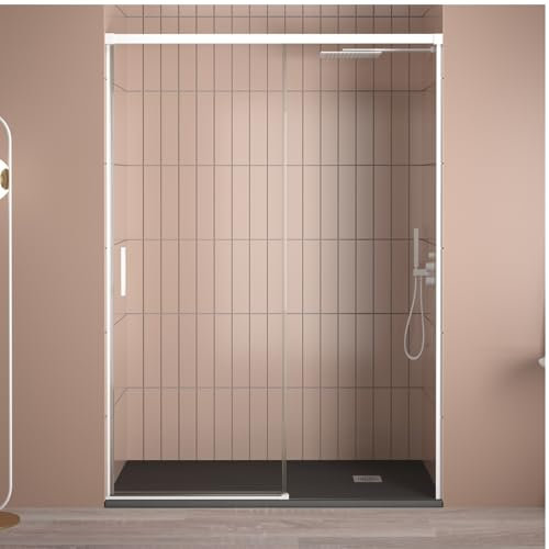 Mampara Ducha Frontal Corredera 1 Puerta Corredera 1 fijo | Cristal templado 6mm Antical Transparente | Altura 195cm | Perfilería Blanco Mate | 100cm (Adaptable 95-99cm)