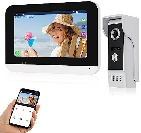 QTTYELOK 1080P HD Wifi Tuya Colori Videocitofono Campanello System per Casa, 7 Pollici Interno Monitor Doorbell + Telecamera per Esterna IR Visione Notturna, Sblocco Remoto APP