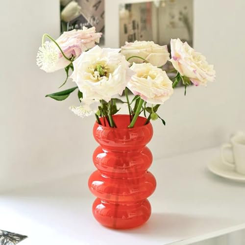 BLOFLO STU Vase à Fleurs hydroponique en Verre coloré - 17,8 cm - Orange géométrique avec Vagues et Bulles - Vase en Verre à Quatre Couches pour décoration d'intérieur - Moderne - Autoportant