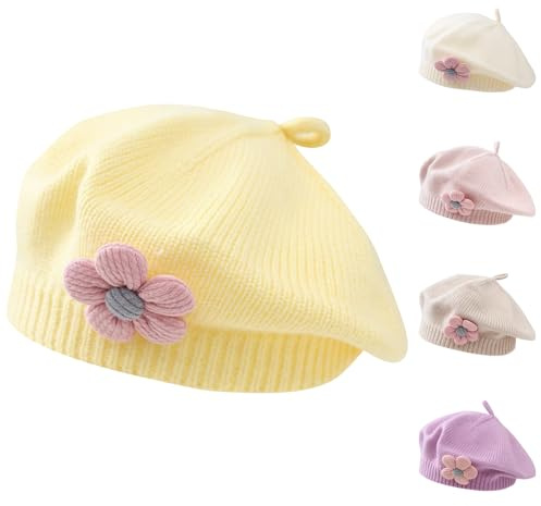 Little Girls Beret Hat Winter Warm Beanie Cap Toddler French Style Knit Hat Baby Cute Flower Berets (Yellow)