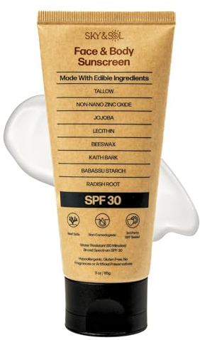 Sky and Sol Natural Mineral Sunscreen SPF 30 3 oz: Natural Tallow & Zinc Oxide, Reef Safe, Water Resistant, Fragrance-Free, Non-Greasy Formula for Face and Body