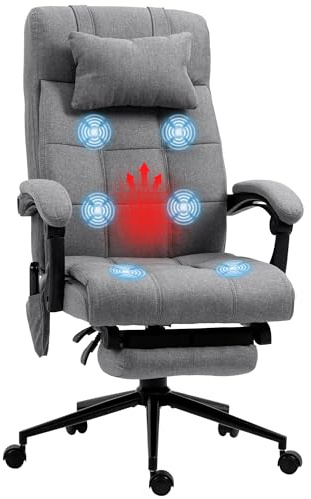 Vinsetto Sedia da Scrivania Riscaldante con 5 Modalità e 6 Punti Massaggio, Poltrona da Ufficio Ergonomica con Schienale Reclinabile a 155° e Poggiapiedi, Grigio