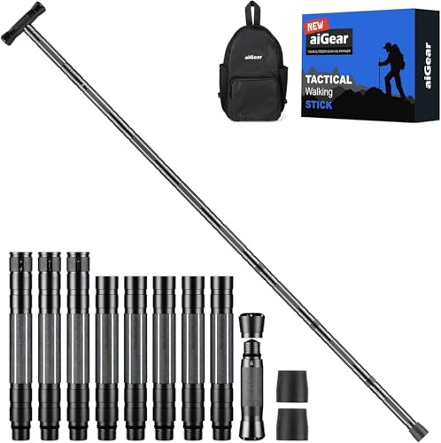aiGear Walking Stick 8 Tubes Black Aluminum with 3 Multifunctional Tools