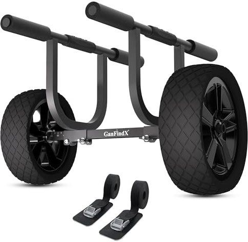 GanFindX Heavy Duty Kayak Cart | Adjustable Foldable Trolley with Durable Wheels, Portable Kayak Transport Cart, Tie-Down Straps Included (Heavy-Duty 11 inches Edition)