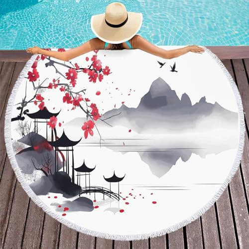 Flower And Bird Pavilion Round Beach Towel Fringe 60 in Ink Landscape Soft Microfiber Sand Free Boho Large Circle Beach Blanket Throw Table Cloth Bath Swim Pool Pincnic Towel Tapestry Meditation Rug
