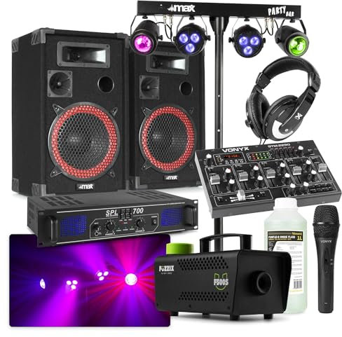 MAX DJ Komplettanlage mit 700W Verstärker, 2 Lautsprechern, Bluetooth Mixer, Lichtanlage & Nebelmaschine – DJ Set für Einsteiger, Partys & Events, Plug & Play