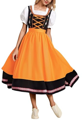 Duohropke Dirndl - Abito tradizionale bavarese da donna, 3 pezzi, con grembiule da dirndl in pizzo, abito e camicia, abito da teatro, maxi abito per Halloween, Colore: arancione., S
