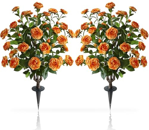 momoplant 95cm Artificial Camellia Trees, Fake Camellia Flowers Plant with Ground Spike, Outdoor Orange Faux Blooming Plants 2 Packs for Decor Front Porch Indoor or Home Office