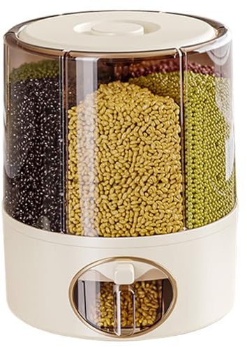 Licsaliwe Dispensador de grano giratorio de 360 ​​°, cubo de arroz transparente con 6 compartimentos, dispensador de cereales con un solo clic