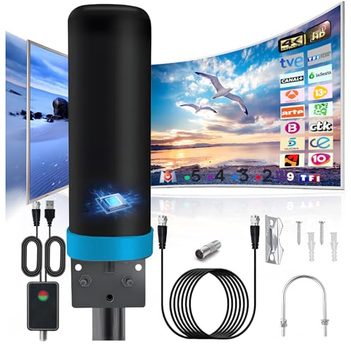 Antenna TV Digitale, Antenna TV Interna Esterna IP66 Antifulmine con Amplificatore e Cavo Coassiale 13M per DVB-T DVB-T2 1080P 4K VHF, UHF, DTMB