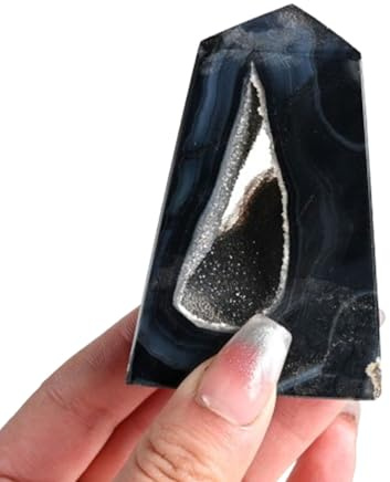 DPEPFTNBFY Black Agate Crystal Cave Crystal Column Agate Raw Stone Ore Single Pointed Four Prism Home Demagnetization Ornaments,50~100g