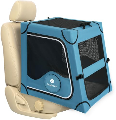 Snagle Paw Portable Dog Crate for Car Travel,Metal Frame Pet Crate,Pet Carrier for Car Back Seat Secures with Headrest Strap and Seatbelt