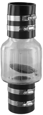 FUBESK Clapet anti-retour silencieux avec déflecteur à ressort pour la prévention du refoulement des eaux usées, 38,1 et 5,1 cm, noir et argent, corps transparent et pinces haute résistance