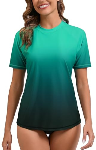 Halcurt Women's Rash Guard Swim Shirt Bathing Suit Built in Bra Green M