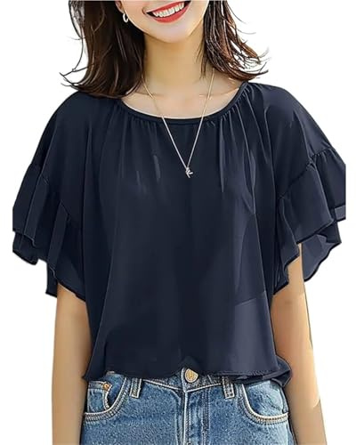 Damblus med volanger chiffongblus för kvinnor, vardaglig, volangblus, kortärmad, elegant, festfåll, Mörkblå, M