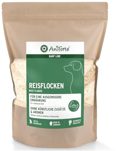 AniForte Barf Zusatz Hund Reisflocken 1kg - Naturprodukt, Barf Hundefutter, glutenfrei, Flocken für Hunde ohne künstliche Zusätze, 100% Natur Hundeflocken, Flockenfutter, Reisflocken Hund