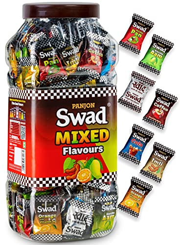 Swad Mixed Assorted Candy Jar (Kaccha Mango, Imli, Coffee, Pan, Orange) 100% Vegan & Gluten Free, Digestive & Tasty Masala Toffee | Indian Sweets, 150 Candies Jar