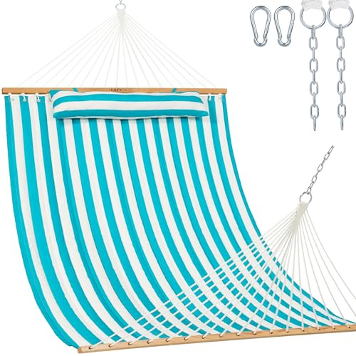 Lazy Daze Hammocks 12FT Quilted Fabric Double Hammock with Spreader Bars and Detachable Pillow, 2 Person Hammock for Outdoor Patio Backyard Poolside, 450 LBS Weight Capacity, Sailor Stripe