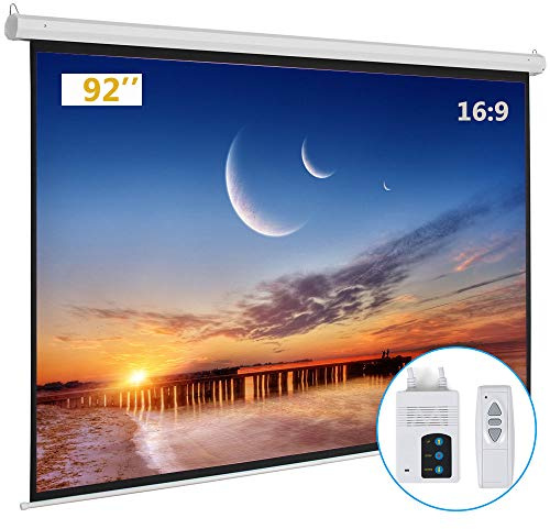 Kshioe Schermo per proiettore motorizzato con telecomando, senza rughe, senza ammaccature, schermo HD, per Home Theater, ufficio, classe, TV (92 16:9)